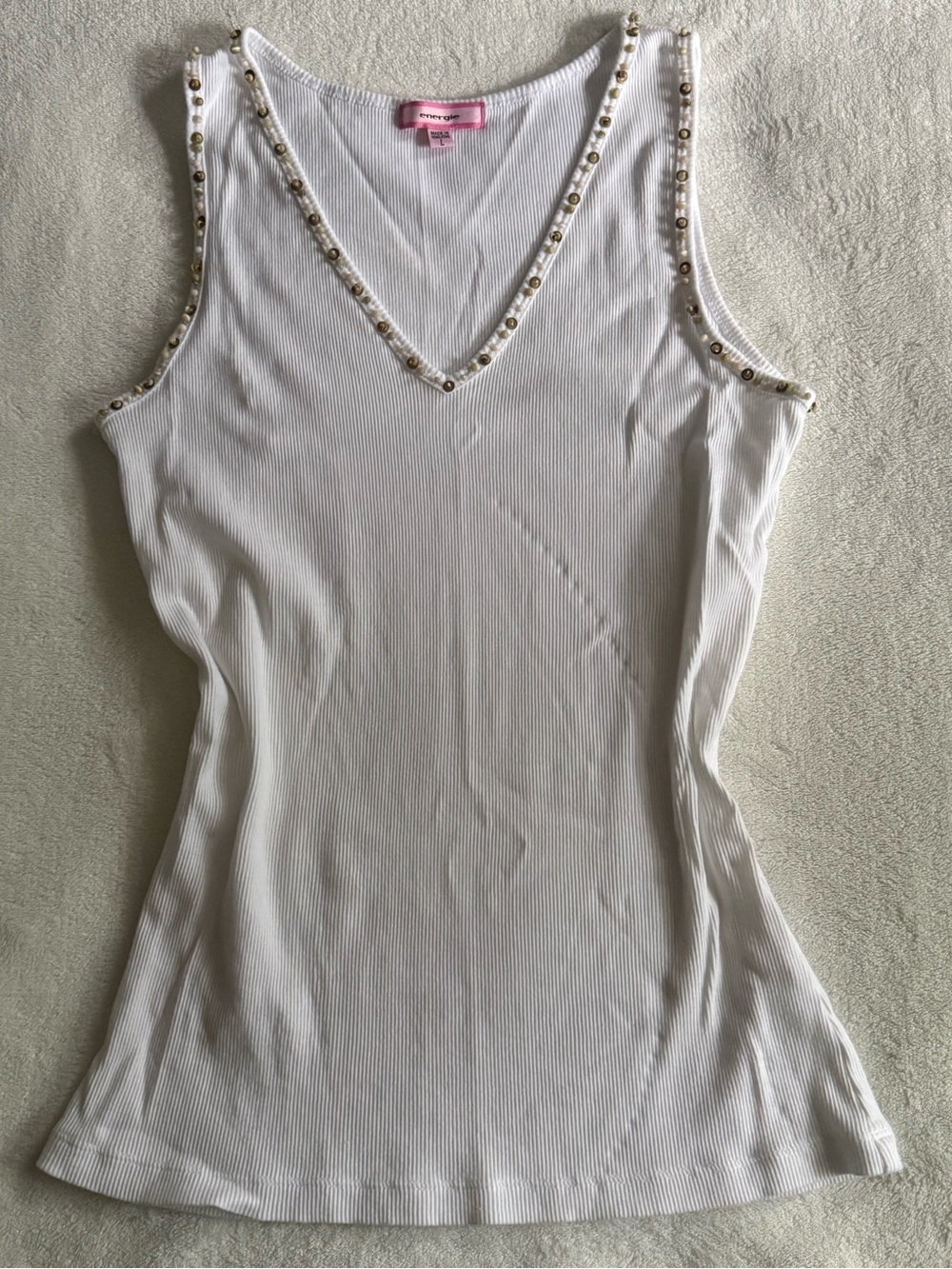 Energie Sleeveless White V-Neck Tank Top with Beaded Trim